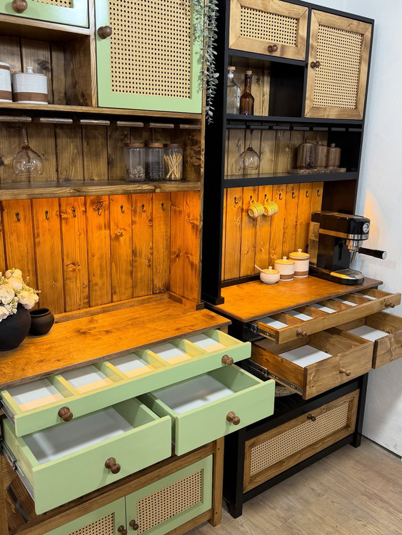 کافی بار چوبی مدل ۲۰ گل وارونه - نمای جلو میز کافی بار خانگی چوبی مدل ۲۰ - نمای جانبی کافی بار چوبی مدرن مدل ۲۰ - جزئیات سطح و اتصال کافی بار مدل ۲۰ - در محیط آشپزخانه